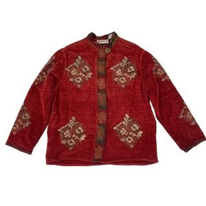 VTG Flashback Chenille Jacket Medium Tapestry Embroidered Red Art to Wear Boho